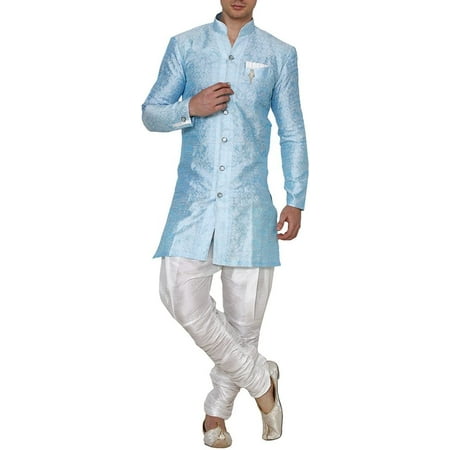 Royal Kurta Men s Jacquard Silk Floral Print Indowestern Sherwani Sky Blue