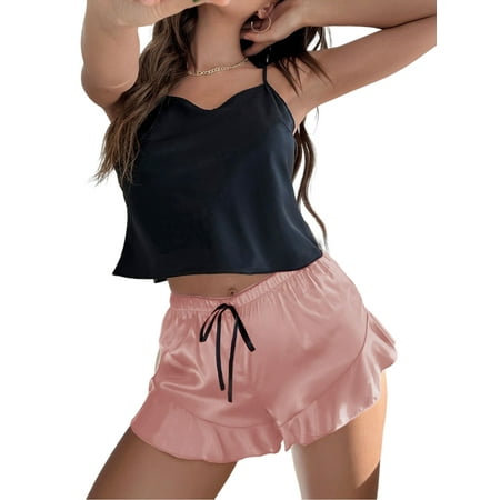 Rejlun Ladies Nightwear Cami Top And Shorts Sleepwear Ruffled Lounge Set High Waist Pajamas Sets Loose Sleep 2 Pieces Outfits Black Pink M
Rejlun Ladies Nightwear Cami Top And Shorts Sleepwear Ruffled Lounge Set High Waist Pajamas Sets Loose Sleep 2 Pieces Outfits Black Pink M