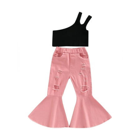 Frobukio Kids Girls Long Pants Outfits Sleeveless One Shoulder Tank Tops + Elastic Waist Ripped Hole Flare Pants Set Black 1-2 Years
Frobukio Kids Girls Long Pants Outfits Sleeveless One Shoulder Tank Tops + Elastic Waist Ripped Hole Flare Pants Set Black 1-2 Years
