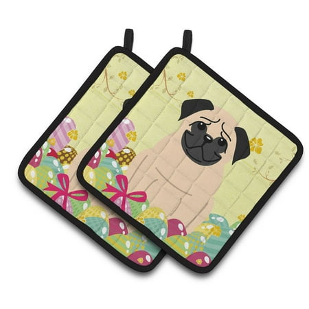 Caroline s Treasures Easter Eggs Pug Fawn Pair of Pot Holders