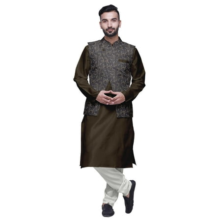 

Atasi Men Mandarin Collar Solid Kurta Churidar Pajama & Printed Nehru Jacket Set