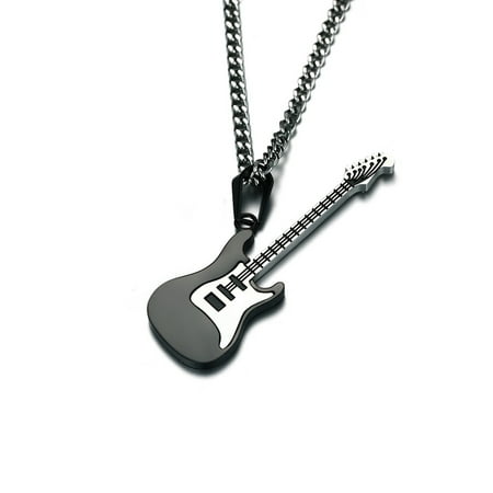 Etereauty Men s Guitar Music Stainless Steel Necklace Pendant with Chain (Black Pendant)