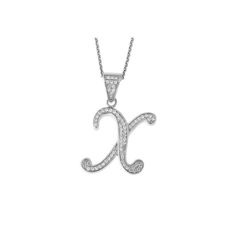 Solid Sterling Silver Rhodium Plated Cubic Zirconia Cursive Initial Pendant Necklace