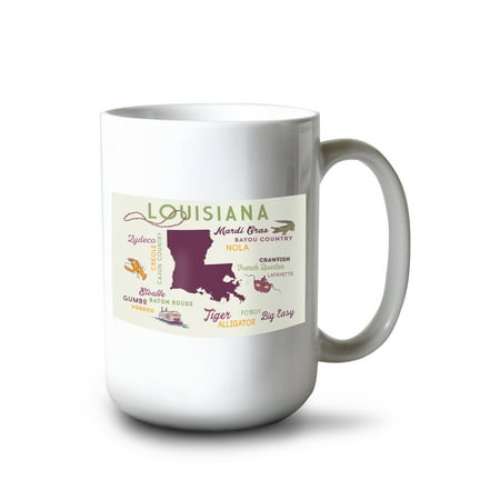 15 fl oz Ceramic Mug Louisiana Typography and Icons Dishwasher & Microwave Safe