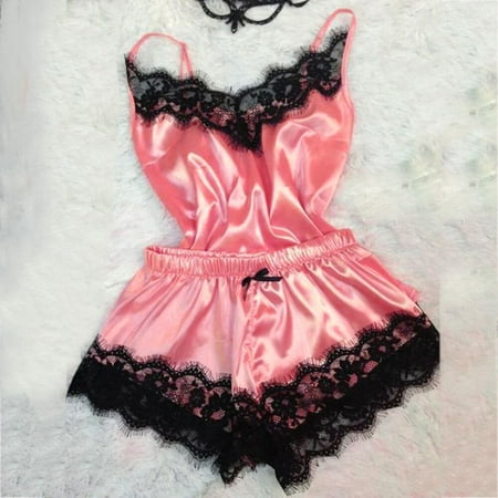 Satin Pajamas Lace Sling Shorts Two Piece Underwear Watermelon Red XXL