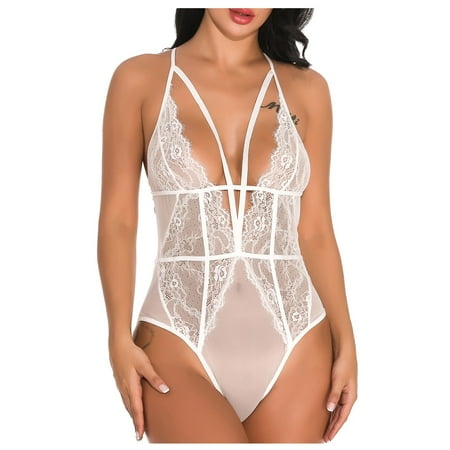 

QWERTYU Womens Bodysuit Teddy Sleepwear Mini Babydoll Strappy Eyelash Lingerie One Piece White XXL