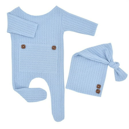 TOWED22 Footed Set Baby Overalls Hat Button Romper Photography Prop Baby Care Cute Hats Light Blue