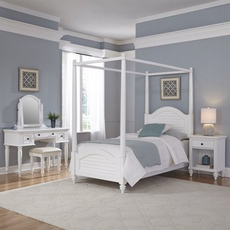 Bermuda White Twin Canopy Bed, Night Stand, and Vanity with Bench