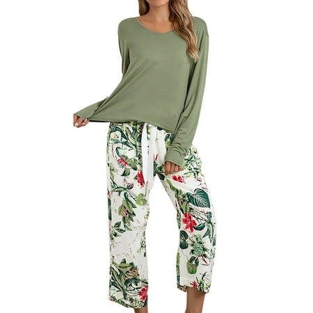 Nomeni Women Casual Pajamas Sets Long Sleeve Tops And Long Pants Printing Sleepwear Two Piece Set