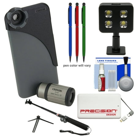 Carson HookUpz IC-618P 7x18mm Monocular Lens & Case w\/ Apple iPhone 6 Plus\/6S Plus Adapter + Power Pack + Selfie Stick + LED Light + 3 Stylus Pens Kit
