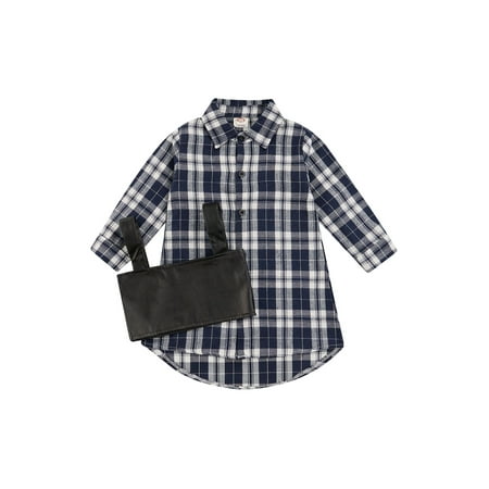 2PCS Kids Girls Plaid Lapel Long Sleeve Dress with PU Leather Camisole Set