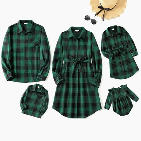 PatPat Family Matching Long-sleeve Dark Green Plaid Shirts and Belted Dresses
