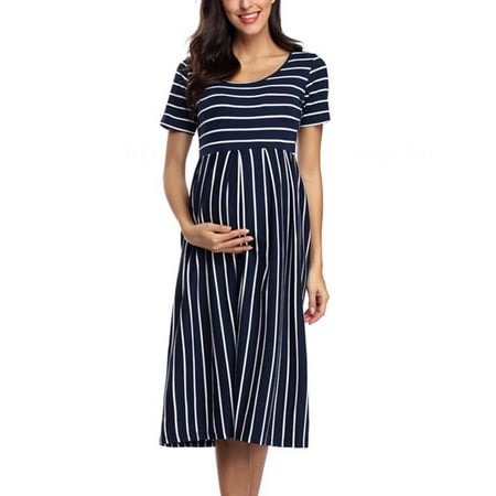 Short Sleeve Maternity Dress Striped Pregnancy Dress Knee Length Maternity Fashion. Blue M 
Short Sleeve Maternity Dress Striped Pregnancy Dress Knee Length Maternity Fashion. Blue M