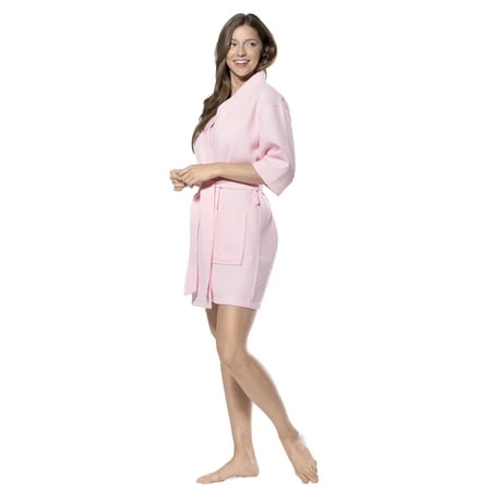 Turquaz Linen Waffle Kimono Blush Short Robe Square Pattern