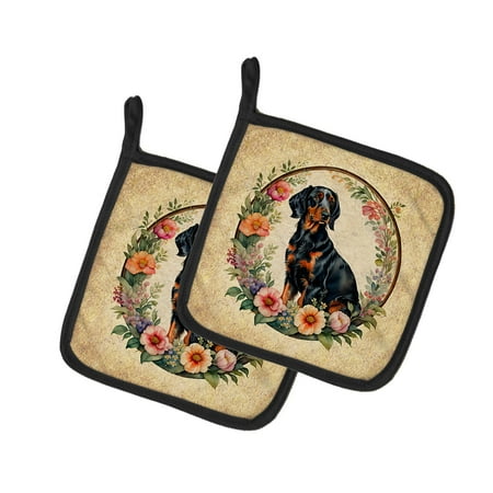 Gordon Setter and Flowers Pair of Pot Holders 7.5 in x 7.5 in