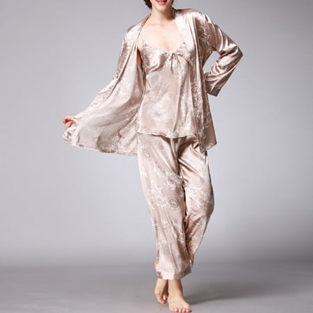 Liveday Women s Pajamas Set 3-Piece Silk Satin Sleepwear Printed Nightwear
