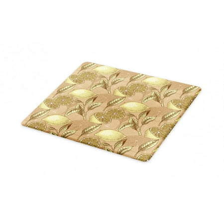 Citrus Cutting Board, Graphic Layout of Detailed Pale Yellow Lemons and Green Leaves, Decorative Tempered Glass Cutting and Serving Board, in 3 Sizes, by Ambesonne