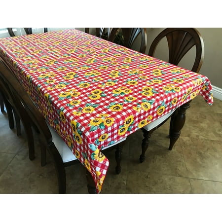 Cotton Tablecloth Floral Print Sunflowers on Tavern Check Red