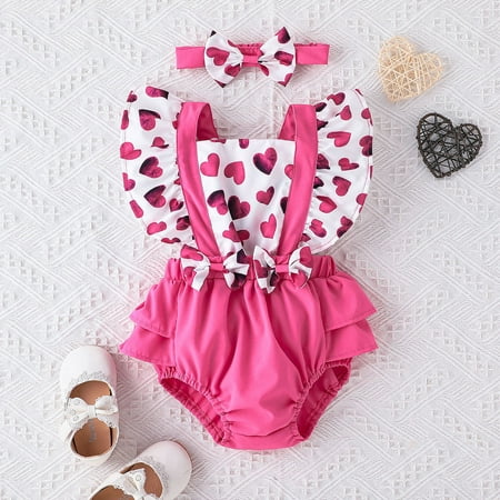 

Beppter Valentines Day Gift Sets Girls Bodysuits Girls Valentine s Day Fly Sleeve Hearts Prints Romper Ruffles Bowknot Backless Bodysuits Headbands Set