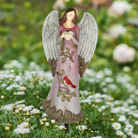 Exhart Solar Hand Painted Resin Angel Stake with Heart and Cardinal 5.5 by 18 InchesResin-Multi