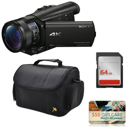 Sony FDR-AX100 4K Ultra HD Camcorder Video Camera + 64GB SD Card Memory, Carrying Case, $50 Nations Photo Lab Gift Card