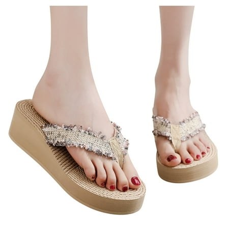 Cathalem Women Slipper Home Sandals Wedges Beach Flip-Flops Shoes Breathable Fashion Women s Cute Flip Flops for Women Sequin Khaki 7.5 
Cathalem Women Slipper Home Sandals Wedges Beach Flip-Flops Shoes Breathable Fashion Women s Cute Flip Flops for Women Sequin Khaki 7.5