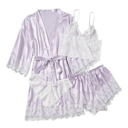 Pajamas for Women Silk Pajama Set Soft Lace Trim 4 Piece Cami Top Shorts Sleepwear Robe Sets Cute Satin Pjs
Pajamas for Women Silk Pajama Set Soft Lace Trim 4 Piece Cami Top Shorts Sleepwear Robe Sets Cute Satin Pjs