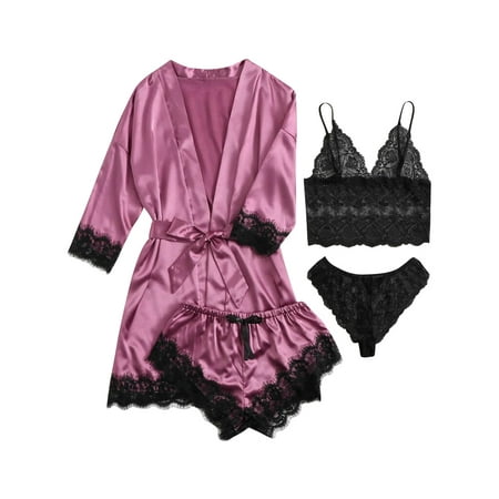 STARVNC Women Lace Lingerie Tie Waist Silk 4 Piece Set Pajama
STARVNC Women Lace Lingerie Tie Waist Silk 4 Piece Set Pajama