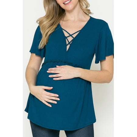 Women Maternity V-Neck Wrap W Ladders Front Baby Doll Short Sleeve Top