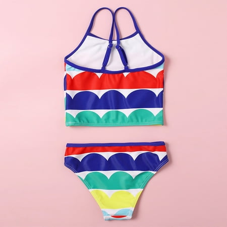 Gubotare Toddler Summer Girls Sleeveless Wavy Print Holiday Two Piece Swimwear Swimsuit Bikini Girls Three Piece Swim Suit Blue 18-24 Months