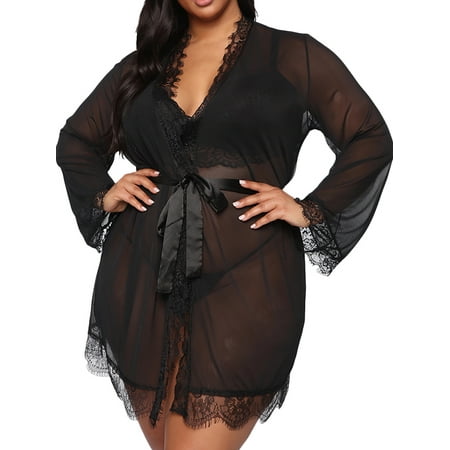 Julymona Womens Plus Size Sexy Mesh Lace Long Sleeve Robe Lingerie