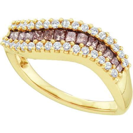 14K Yellow Gold 0.67CT Brown Princess Cut Diamond Curve Design Fashion Band Ring