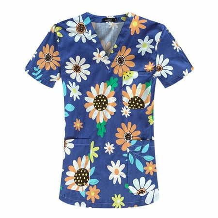 

Sksloeg Scrub Top For Women Summer Cartoon Printed Flower Patterned Tops Nursing Working Uniform Short Sleeve T-Shirts With Pockets Dark Blue S