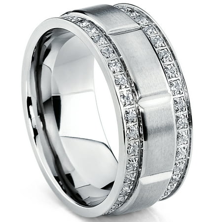 Men's Titanium Wedding Band Ring with Double Row Cubic Zirconia, Comfort Fit Sizes, 9MM