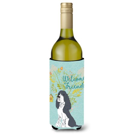 Welcome Friends Black Springer Spaniel Wine Bottle Beverge Insulator Hugger BB7621LITERK