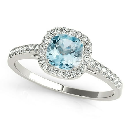 1.10 Ct Diamond & Cushion Cut Aqumarine Ring -10K Gold