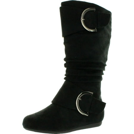 Top Moda Womens Bank-81 Mid Calf Round Toe Buckle Slouched Flat Boots Black 7.5