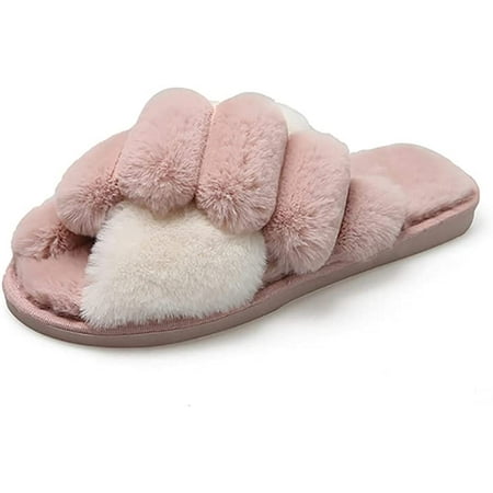 PIKADINGNIS Women Slippers Cross Band Fuzzy Breathable Sandal Soft Warm Slip-On Slipper Indoor Outdoor Shoes