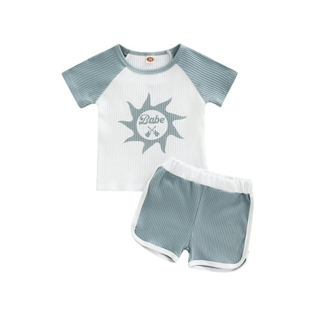 Sunisery 2PCS Newborn Baby Boys Girls Summer Outfits Ribbed Letter Printed Short Sleeve Tops+Elastic Shorts Sets Blue 0-6 Months
Sunisery 2PCS Newborn Baby Boys Girls Summer Outfits Ribbed Letter Printed Short Sleeve Tops+Elastic Shorts Sets Blue 0-6 Months