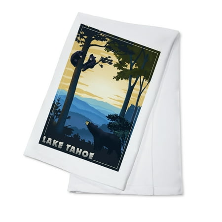 

Lake Tahoe California Black Bears Lithograph (100% Cotton Tea Towel Decorative Hand Towel Kitchen and Home)