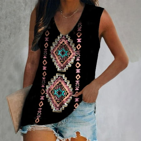 

Women V Neck Western Tribal Ethnic Print Tops Summer Fashion Sleeveless Loose Tee Shirt Blouse Tank Black Scoop Neck 34b Shelf Bra