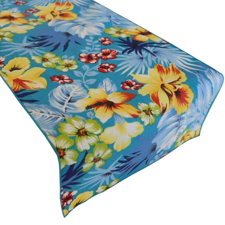 Cotton Print Table Runner Floral Tropical Hawaiian Aqua