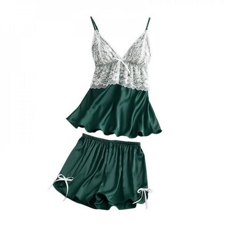 Fantadool Spring and summer pajamas set Satin Pajama Set Solid Color Lace Stitching Pajama Set Padded Sling + Shorts
Fantadool Spring and summer pajamas set Satin Pajama Set Solid Color Lace Stitching Pajama Set Padded Sling + Shorts