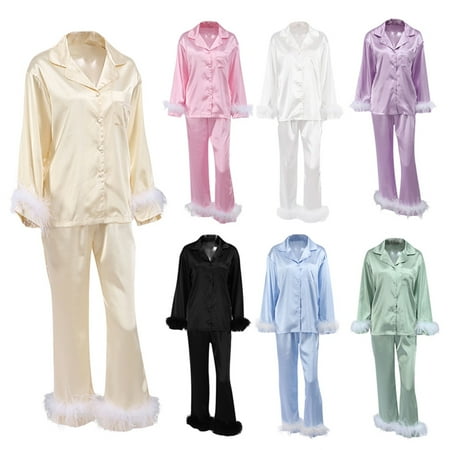 Women s Pajamas Silk Satin Set Sleepwear Feather Patchwork Long Sleeve Button-Down Tops+Wide Leg Pants Loungewear Nightwear
Women s Pajamas Silk Satin Set Sleepwear Feather Patchwork Long Sleeve Button-Down Tops+Wide Leg Pants Loungewear Nightwear