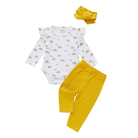 Canrulo Newborn Baby Girls Outfits Ribbed Rainbow Ruffle Long Sleeve Romper+Long Pants with Headband 3pcs Clothes Yellow 0-3 Months
Canrulo Newborn Baby Girls Outfits Ribbed Rainbow Ruffle Long Sleeve Romper+Long Pants with Headband 3pcs Clothes Yellow 0-3 Months