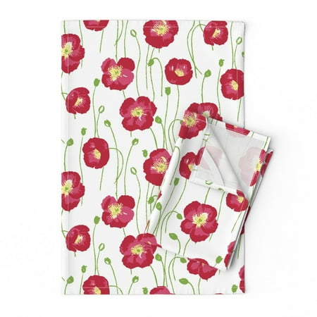 

Printed Tea Towel Linen Cotton Canvas - Poppies Small Red White Floral Painterly Flowers Garden Botanical Yellow Centers Poppy Flower Print Decorative Kitchen Towel by Spoonflower