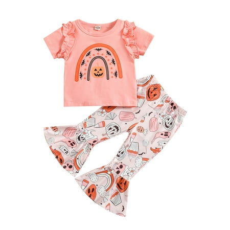 

Bagilaanoe 2Pcs Toddler Baby Girl Halloween Outfits Rainbow Print Short Sleeve Pullover Tops + Ghost Pumpkin Print Flared Trousers 6M 9M 12M 2T 3T 4T Kids Long Pants Set