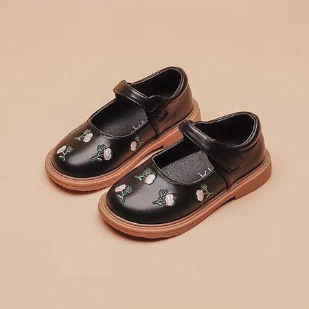 Girls Mary Jane Leather Flats With Floral Embroidery Soft Sole Anti Slip Princess Dress Shoes Kids Shoes