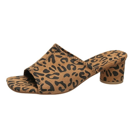 Middle Heels Shoes Casual Leopard Print Mid Heel Square Toe Open Ladies Slippers