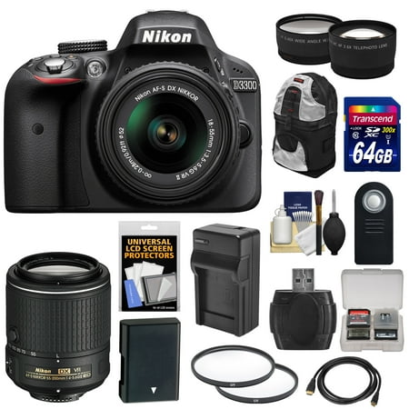 Nikon D3300 Digital SLR Camera & 18-55mm G VR DX II (Black) with 55-200mm VR II Lens + 64GB Card + Backpack + Battery & Charger + Tele\/Wide Lens Kit